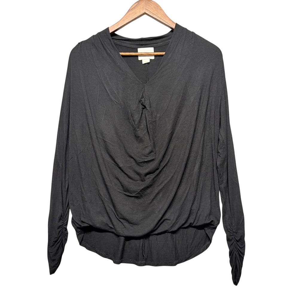 Maeve Anthropologie Top Women XS‎ Black Draped V-Neck Ruched Sleeve High-Low Hem